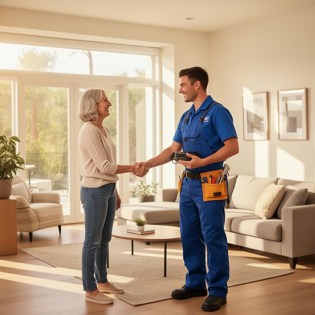 Blue Penguin HVAC Solutions technician greeting a satisfied homeowner